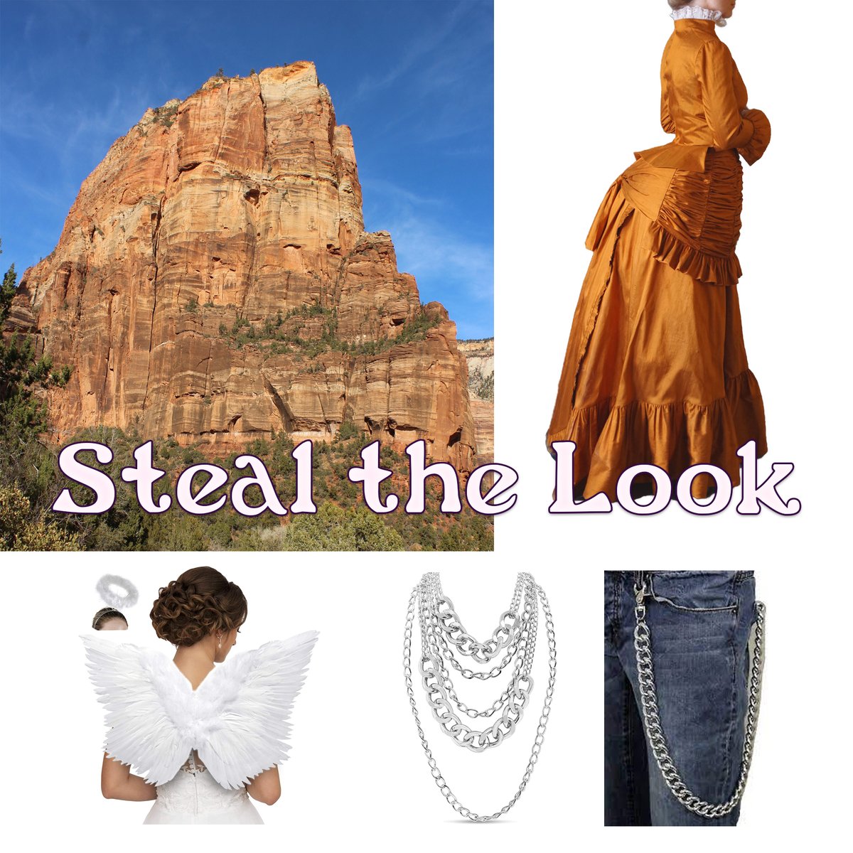 Angels Landing is known for its reddish-orange sandstone and unique shape. You can achieve this same look without coating yourself in oxidizing iron, just stick to some bright fabrics and supportive undergarments. Throw on some chain accessories, and you’re done!