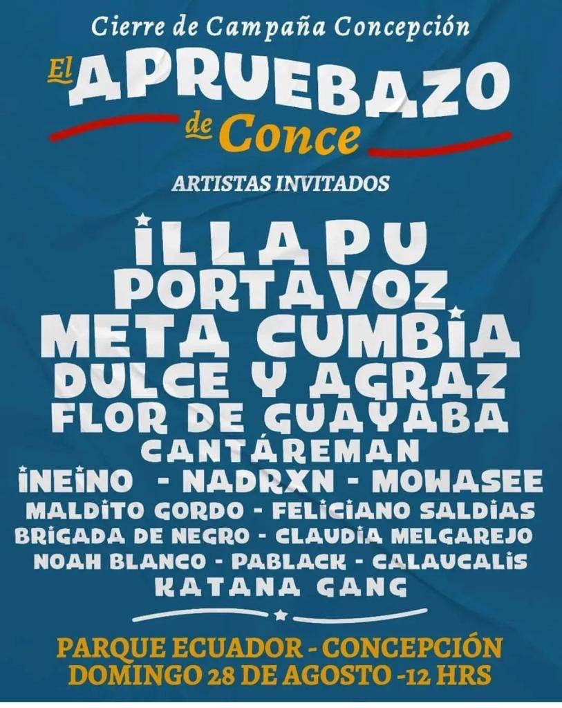 JAVIER FUCHSLOCHER (@jfuchslocher21) on Twitter photo 🇨🇱🅰️Hoy desde las 12:00 horas en el Parque Ecuador, nos encontramos en el #ApruebazoConce con <a href="/T_Pustilnick/">Tammy Pustilnick Arditi</a> @amaya_alvez <a href="/LoretoVidalH/">Loreto Vidal Hernández</a> <a href="/vanessahoppe21/">Vanessa Hoppe ✸ #Distrito21</a> <a href="/Bastianlabbed20/">Bastián Labbé Salazar</a> <a href="/MillaburAdolfo/">Adolfo Millabur Ñancuil</a> y con diversa bandas
🌱🌈🎶💜En familia, con cultura y respeto cerramos la campaña del #Apruebo 🇨🇱🅰️Hoy desde las 12:00 horas en el Parque Ecuador, nos encontramos en el #ApruebazoConce con <a href="/T_Pustilnick/">Tammy Pustilnick Arditi</a> @amaya_alvez <a href="/LoretoVidalH/">Loreto Vidal Hernández</a> <a href="/vanessahoppe21/">Vanessa Hoppe ✸ #Distrito21</a> <a href="/Bastianlabbed20/">Bastián Labbé Salazar</a> <a href="/MillaburAdolfo/">Adolfo Millabur Ñancuil</a> y con diversa bandas
🌱🌈🎶💜En familia, con cultura y respeto cerramos la campaña del #Apruebo