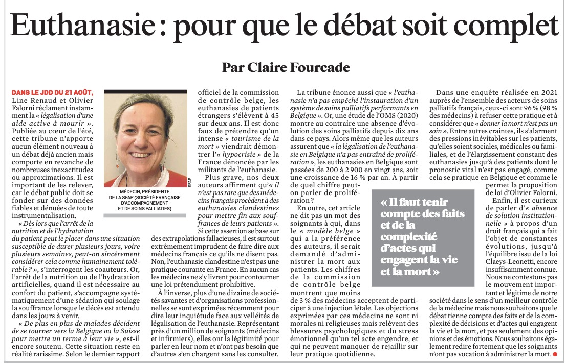 asso_SFAP's tweet photo. Claire Fourcade à @leJDD : "@linerenaud et @OlivierFalorni réclament la légalisation d'une aide active à mourir. [Leur] tribune n'apporte aucun élément nouveau, mais contient en revanche de nombreuses approximations. Le débat doit se fonder sur des données fiables."⬇️ #euthanasie https://t.co/uuy8Op35n9