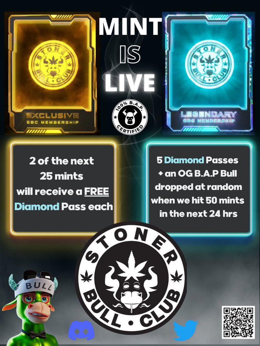 StonerBullClub's tweet photo. NEW PROMO ALERT 🚨 2 of the next 25 mints will receive a FREE Diamond pass 💎 5 Diamond passes AND a @BullsApesProj OG bull when we hit 50 mints! Don’t miss the chance to be apart of this amazing community and have a chance to win some INSANE prizes 👀🔥https://t.co/7CFP8Qs1zH https://t.co/5FnjgbMiOr