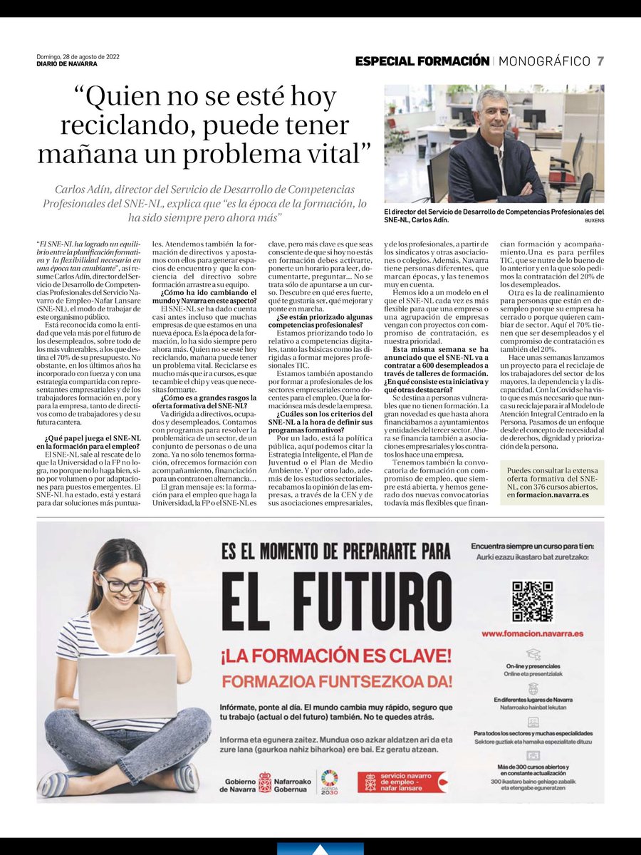 adin_carlos's tweet photo. Hoy en el suplemento sobre #Formación de @DiarioNavarra han publicado esta entrevista donde he trasladado la visión de @empleo_na sobre cómo abordamos con el desarrollo de #competencias y así  ayudar a los profesionales a garantizarse el futuro laboral y personal. https://t.co/PnubZ6s7Hy