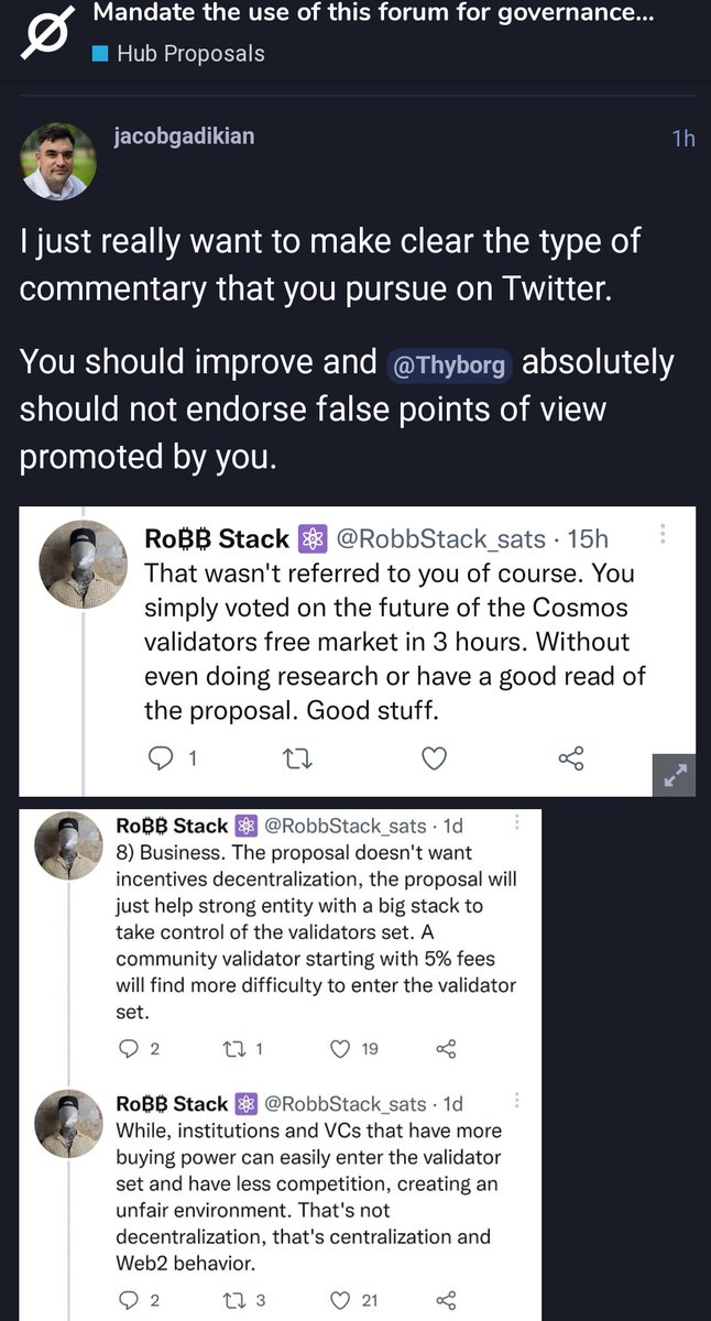 0xRobbStack's tweet photo. Unfortunately @gadikian just used the forum reserved to discuss a governance procedure to shame me.

He also wrongly painted me as liar and to be honest that's enough.

I simply want to do the best for the $ATOM community and i committed countless hour to raise awareness. https://t.co/E0KvMxlL64