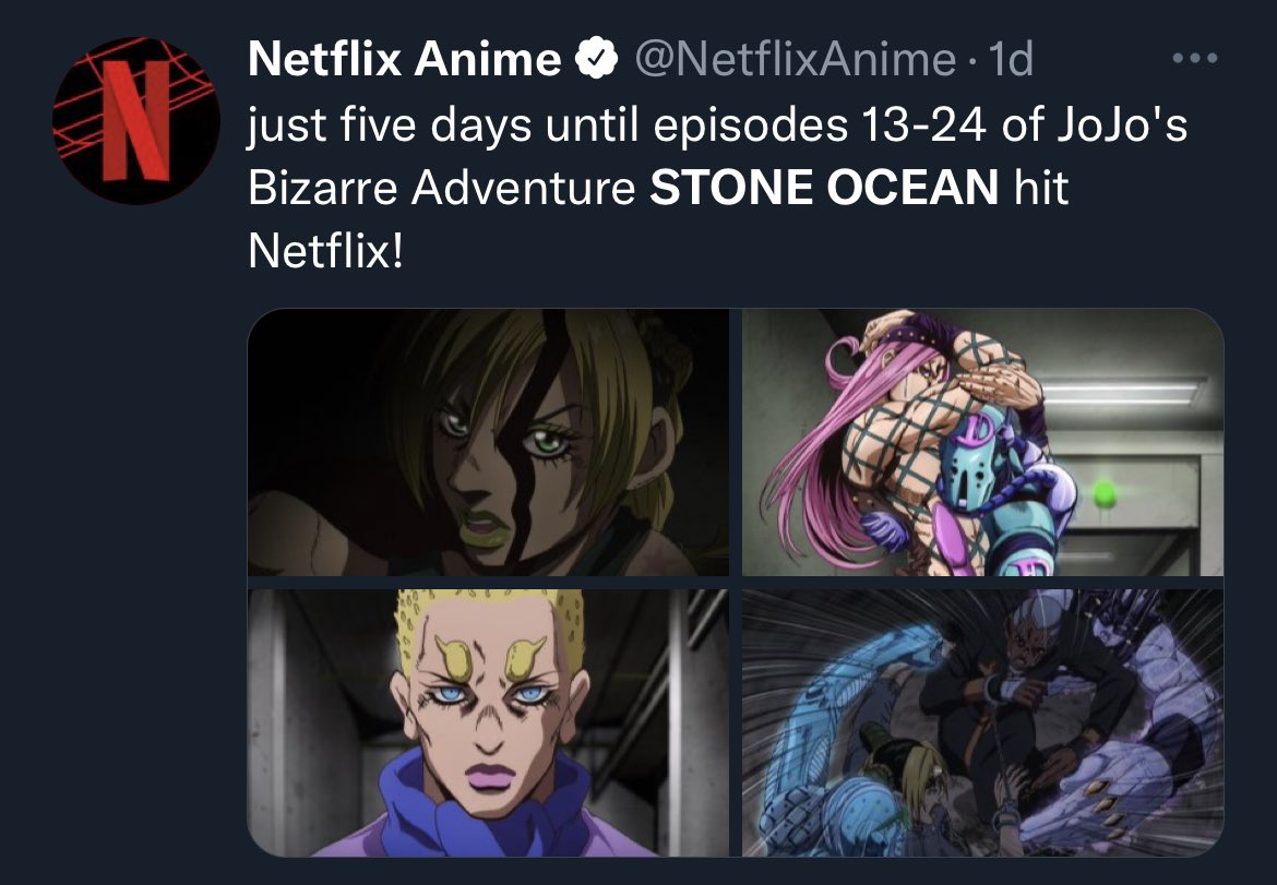 everythingJJBA_'s tweet photo. The marketing for the Stone Ocean anime is absolutely awful, at this point I would’ve expected a new trailer or a new OP to drop but its been radio silent. EVEN ASBR IS GETTING MORE PROMO THAN THE ACTUAL ANIME. And netflix has the audacity to post “are y’all excited?” NO NOT RLLY https://t.co/dwlCEtsjGF