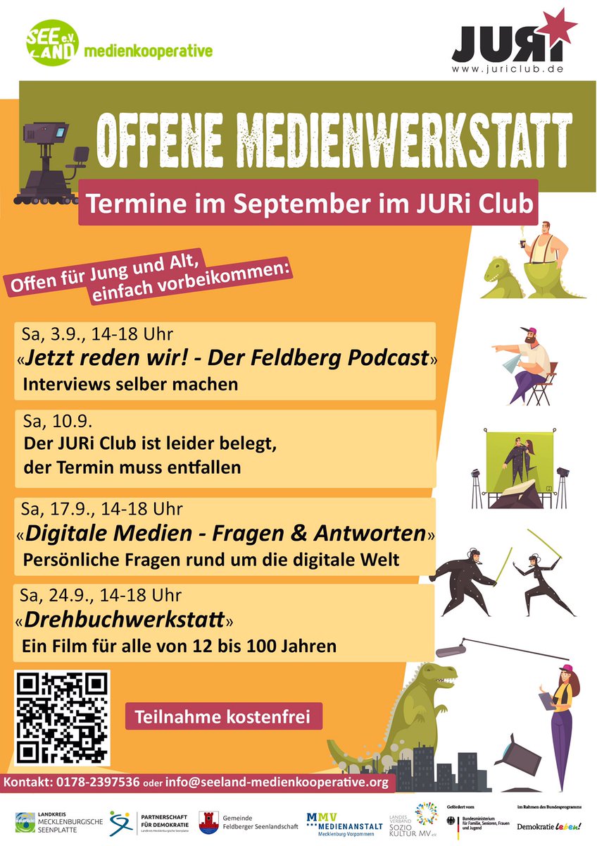 Offene Medienwerkstatt für alle! Die Termine für September sind da. Wir sehen uns samstags, von 14 bis 18 Uhr, im Juri-Club, Amtswerder, Gemeinde Feldberger Seenlandschaft. Alle Infos auch hier: seeland-medienkooperative.org