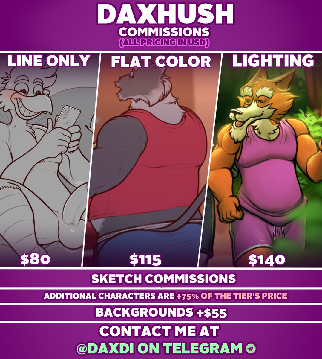 Comm prices are as follows! If you have any questions about a potential drawing, comic, or animation, feel free to message me at the telegram listed in the image and I'll gladly write you an estimate! 🚨I DO NOT TAKE COMMS THROUGH TWITTER DMS🚨