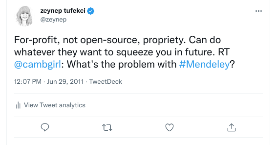 zeynep's tweet photo. Follow the money/business model is a pretty good heuristic when it comes to for-profit academic publishing—textbooks, journals (real or predatory), Elsevier/Mendeley debacle that was visible back when *checks notes* 2011. https://t.co/TxMKnU31dA