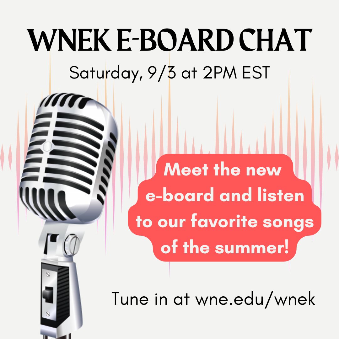 We're starting off the school year with our first radio show this SATURDAY! Tune in on September 3rd at 2pm to meet our new e-board members, and hear some of our favorite songs from the summer! 🔥Tune in at wne.edu/wnek. See you there!