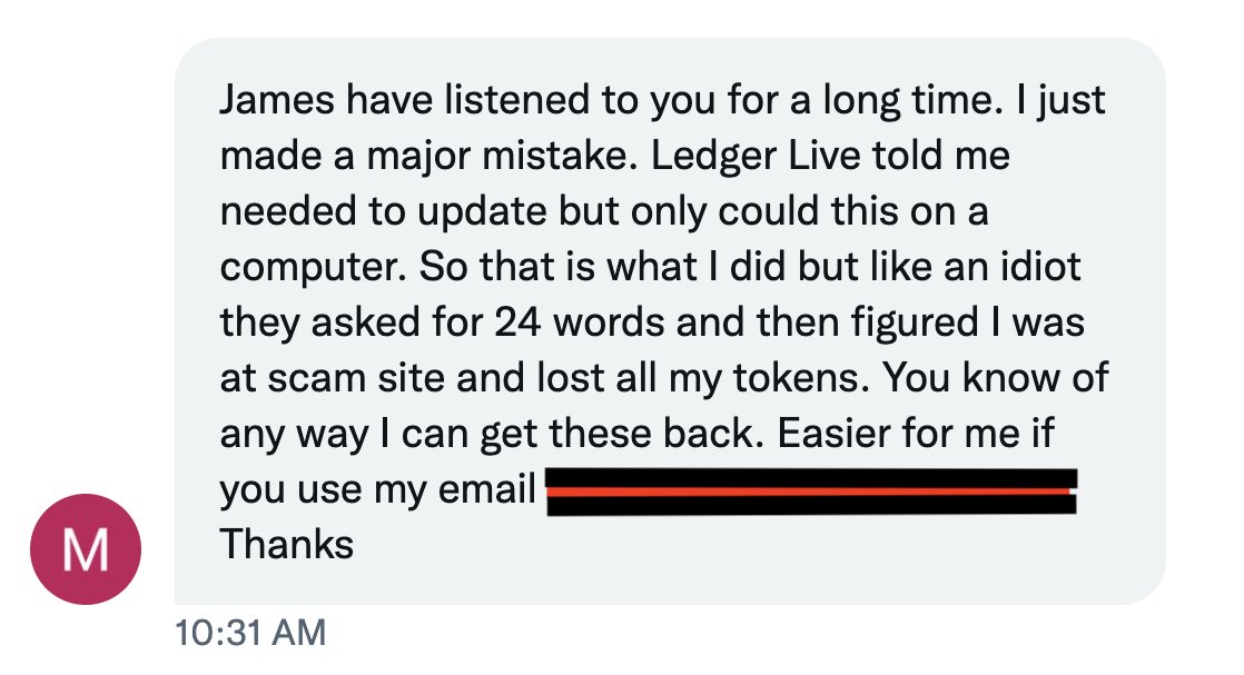 #xrpcommunity 
ALERT🚨🚨🚨🚨🚨

DO NOT SHARE SEED/RECOVERY PHRASES - EVER!!!!

12/24 WORDS you WRITE down and LOCK up after creating wallets.

Just received this message from a community member.