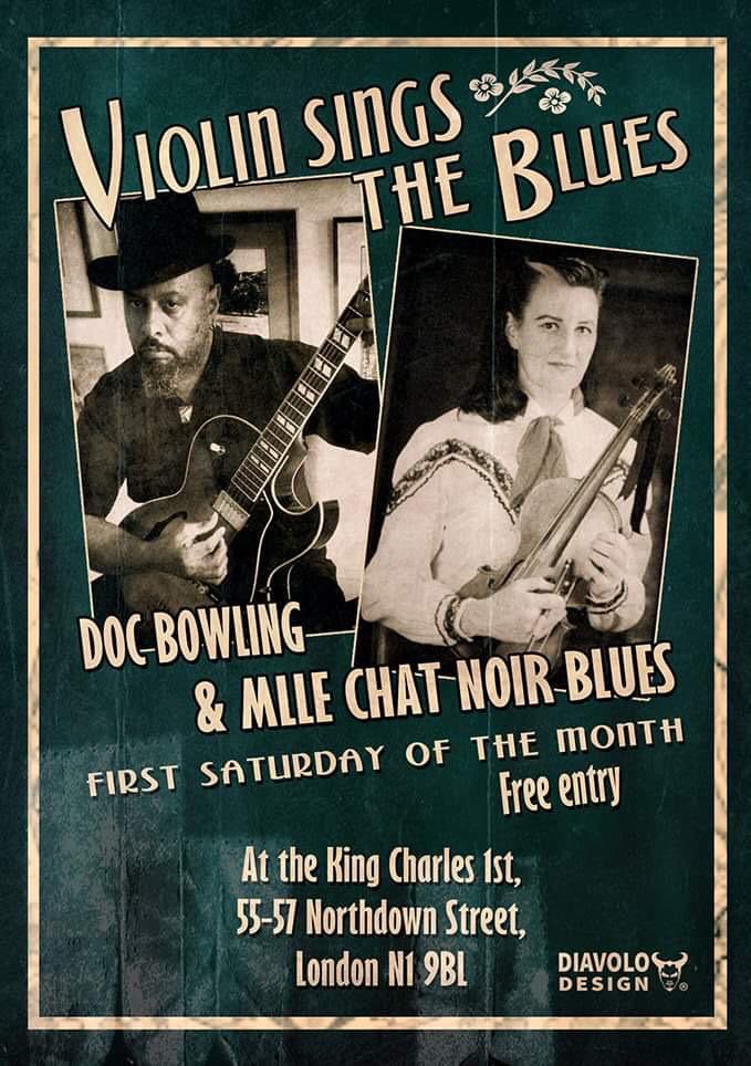 benbowling62's tweet photo. “Violin Sings the Blues” back at the Charles, Saturday 3 September, 8pm. — with Doc Bowling &amp; Mlle Chat Noir Blues at King Charles the First. 55-57 Northdown Street London N1 9BL

Doc Bowling (guitar, vocals), Mlle Chat Noir (violin) Simon Minney (bass) Louie Watson (cajon) https://t.co/IaoFpOZm3T