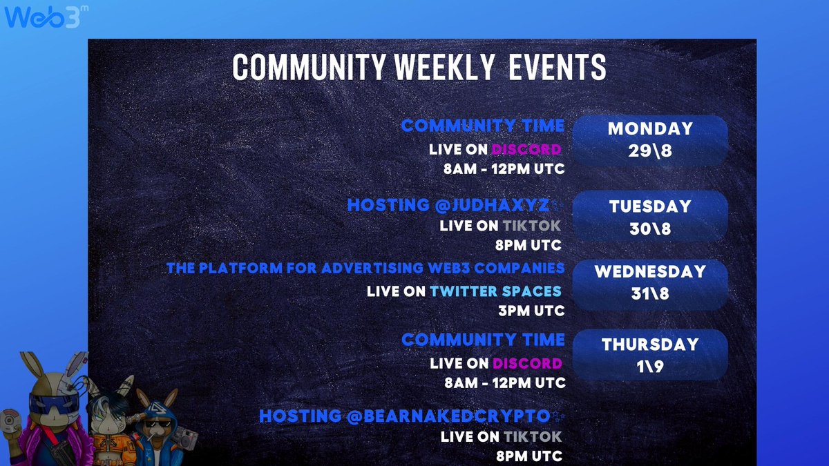 _WEB3M_'s tweet photo. This week's events on our socials 💫
come and get updated ! #event #socialmedia #TikTok #Twitter #Discord #CommunityFirst https://t.co/pBDageH39K
