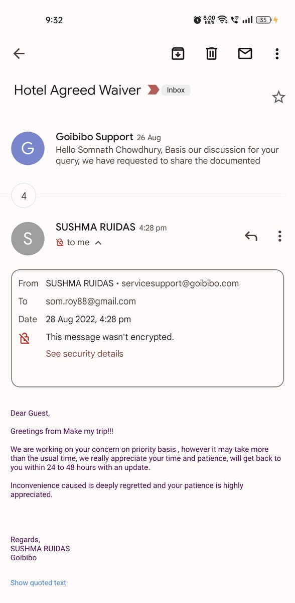 somroy88's tweet photo. @GoibiboSupport Don't expect this kind of fraud from Goibibo.
This is my last warning and after that I will take legal action.Daily I am getting this mail for waiting 24/48 hours . https://t.co/YgnCCol2Op