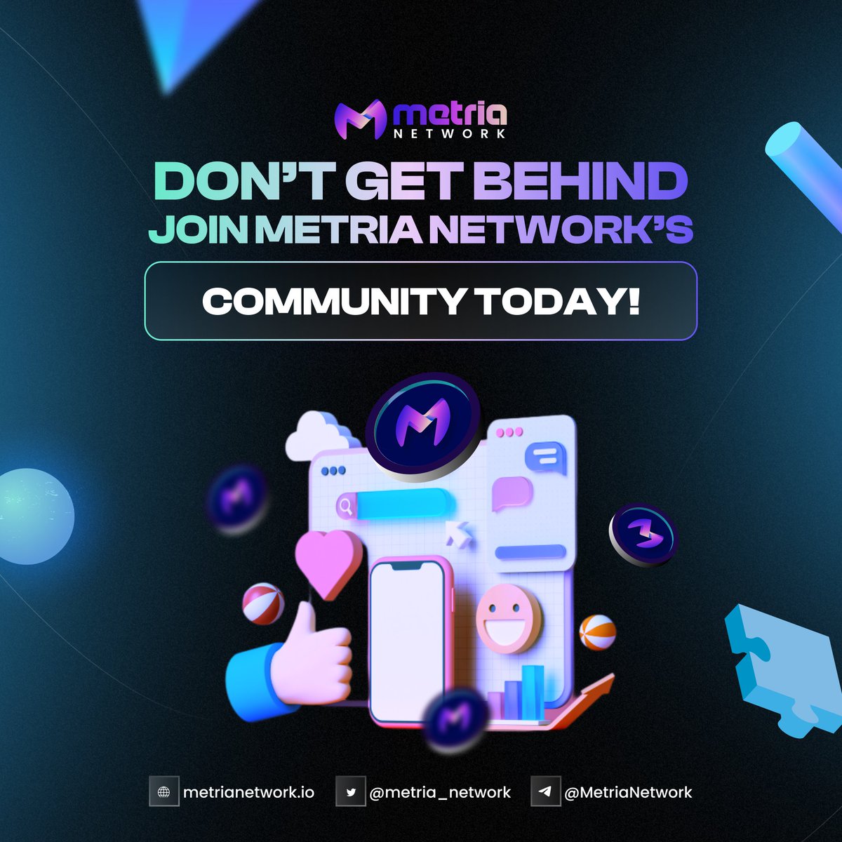 ✊🏼Join the #Metria revolution as it kickstarts the new wave of web3 platforms!

📈Our chain agnostic decentralized infrastructure is designed to meet the needs of new-age #DeFi &amp; NFT applications by overcoming issues of scalability, interoperability, &amp; fragmentation of liquidity!