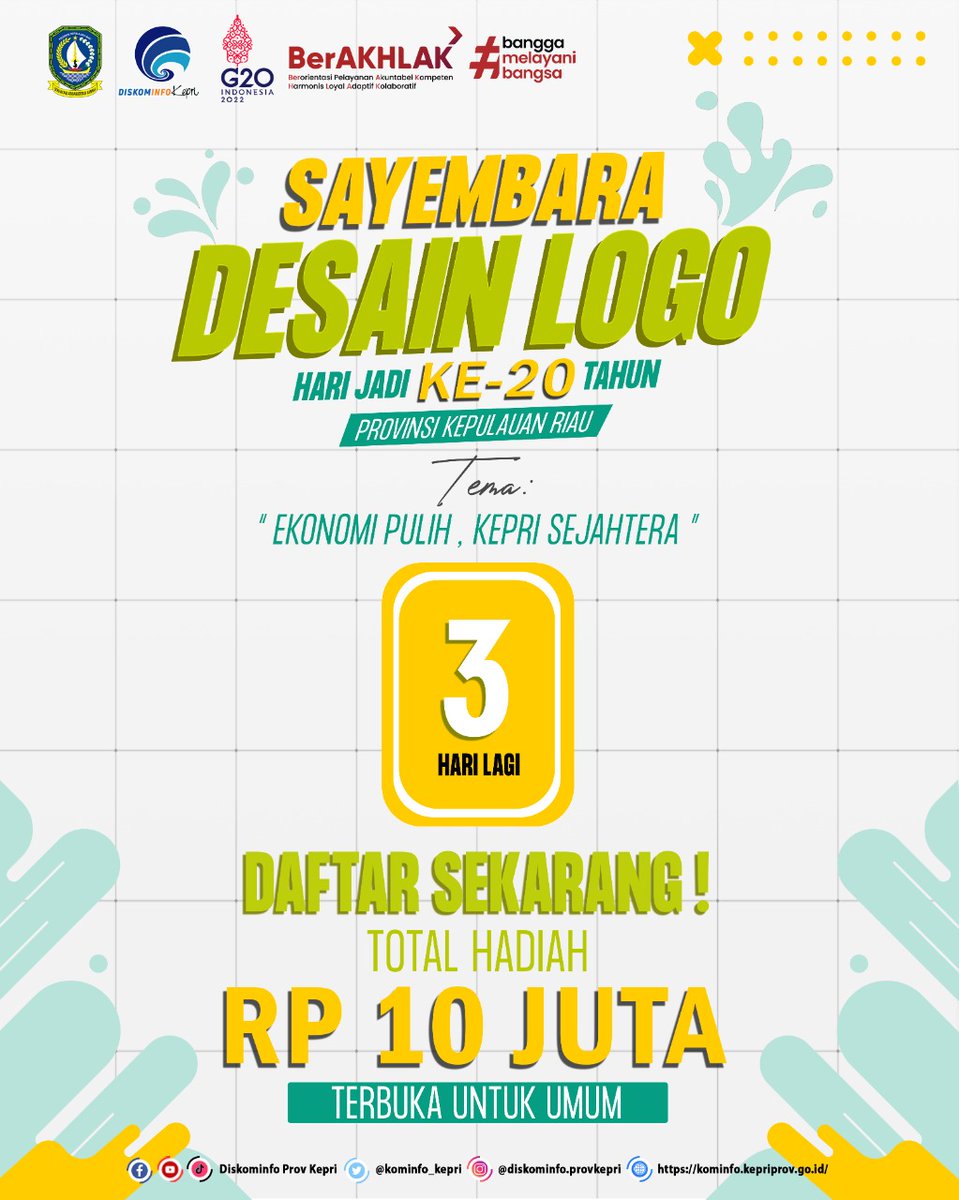 diskominfokepr1's tweet photo. Ayoo jangan sampai kelewatan, tinggal 3 HARI lagi!!!

Segera daftarkan dirimu dan ikuti lomba Desain logo dalam Rangka Hari Jadi Provinsi Kepulauan Riau Ke- 20 Tahun dan menangkan hadiah dengan Total 10 Juta Rupiah. 

#diskominfokepri
#humasdiskominfokepri
#Desainlogohutkepri https://t.co/itRX7u8T6t