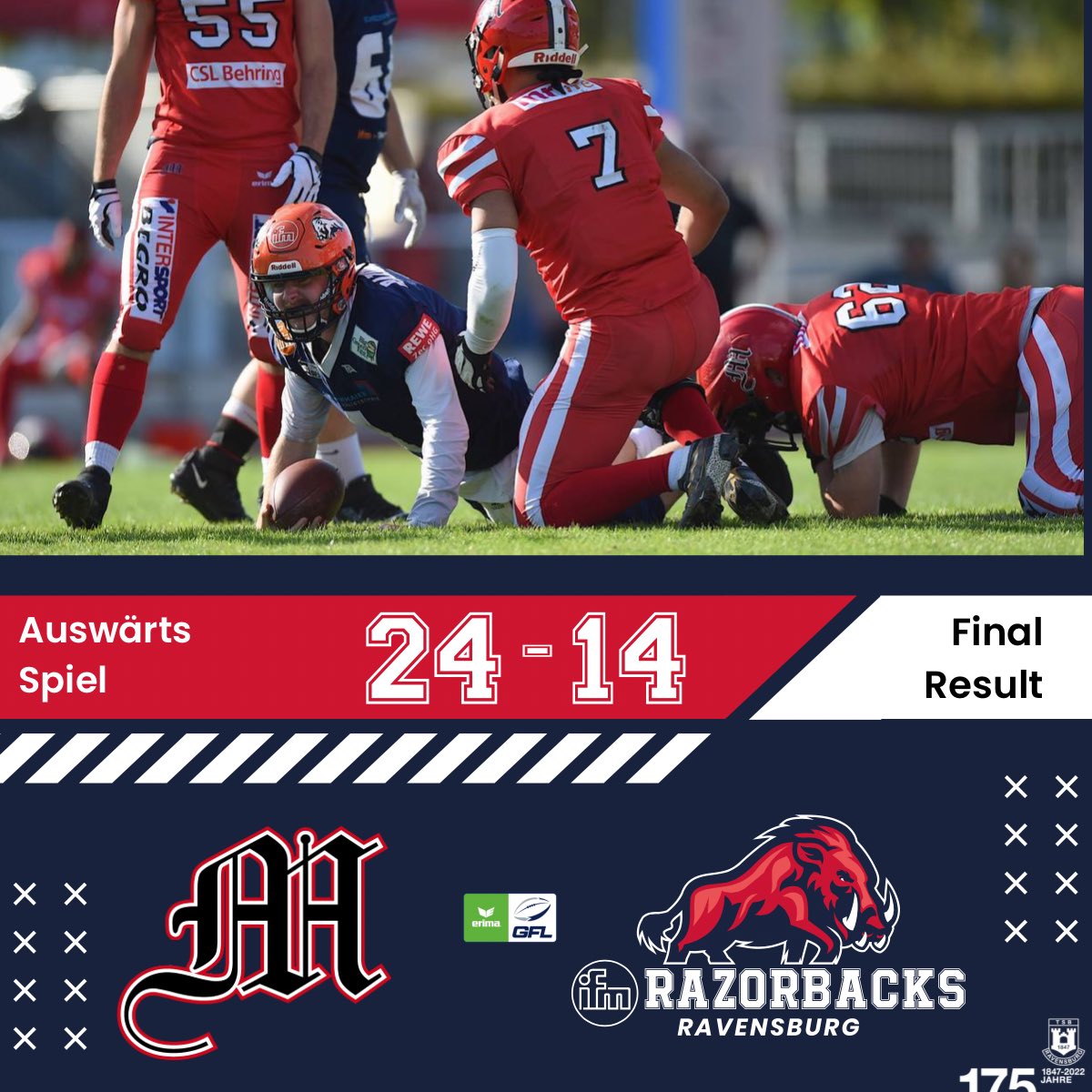 RV_Razorbacks's tweet photo. Spiel aus - Saison vorbei! Stark verletzungsgeschwächt unterliegen wir im letzten Auswärtsspiel den Marburg Mercenaries. Jetzt heißt es das Jahr zu analysieren und die Weichen für die nächsten Saison zu stellen! Vielen Dank an alle Fans, Partner und Cheerleader. #razorbacksfamily https://t.co/0pjnm3f2CY