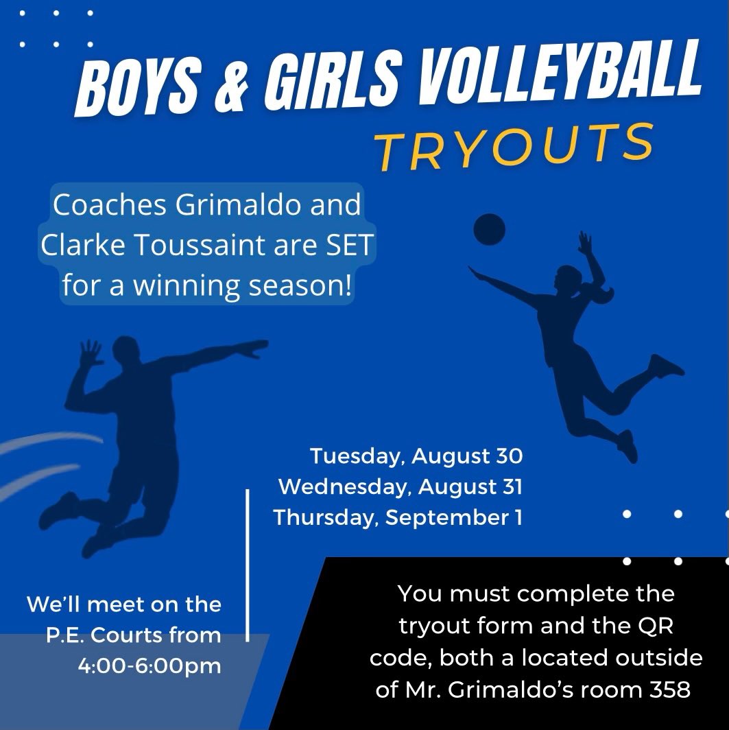 HDMcMillan's tweet photo. Panther! Volleyball tryouts will take place this week from Tuesday to Thursday, from 4-6 PM! Please make sure you have completed the QR Code and have completed the Tryout Form in order to participate! Contact Coaches Grimaldo and Clarke Toussaint if you have any questions! https://t.co/WVJcBK78jr