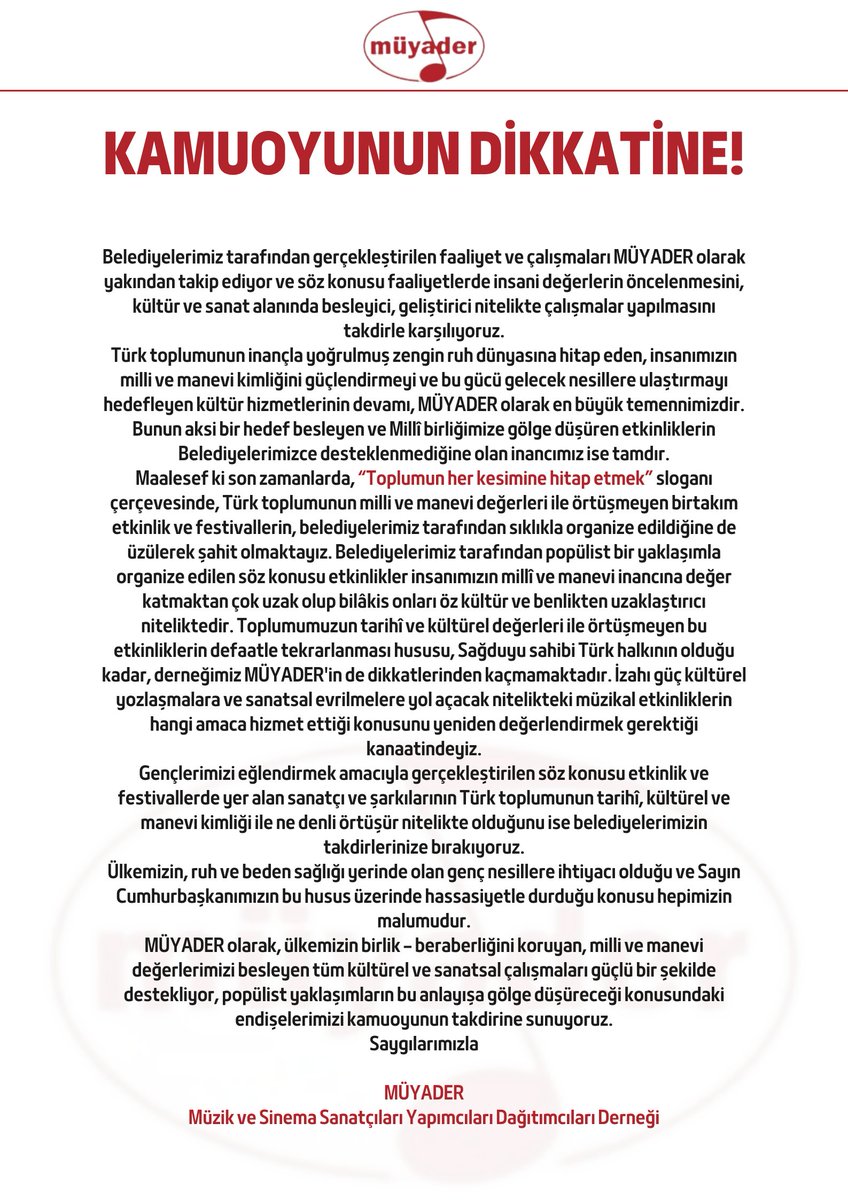 2006 yılında camiamızın sanatçıları ile biraraya gelerek kurduğumuz Müyader- Müzik ve Sinema Sanatçıları Yapımcıları Dağıtımcıları Derneğimizin kamuoyuna bildirisidir.