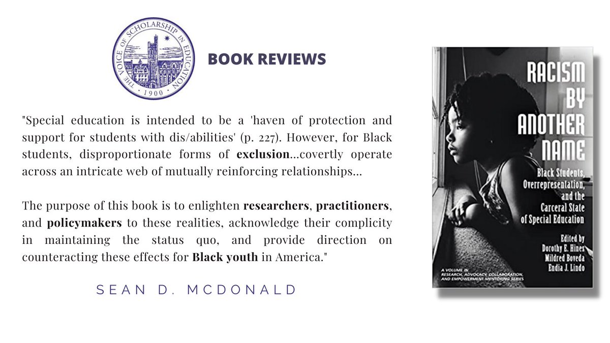 TCRecord's tweet photo. Dr. Hines, Dr. @mildredboveda, &amp; Dr. Lindo's book chronicles how "racism, ableism, and other forces in and around special education function to perpetuate the school-to-prison pipeline for Black children." Read @SeanDmcD's review: https://t.co/MiI79beilW https://t.co/dSr4EabL3y