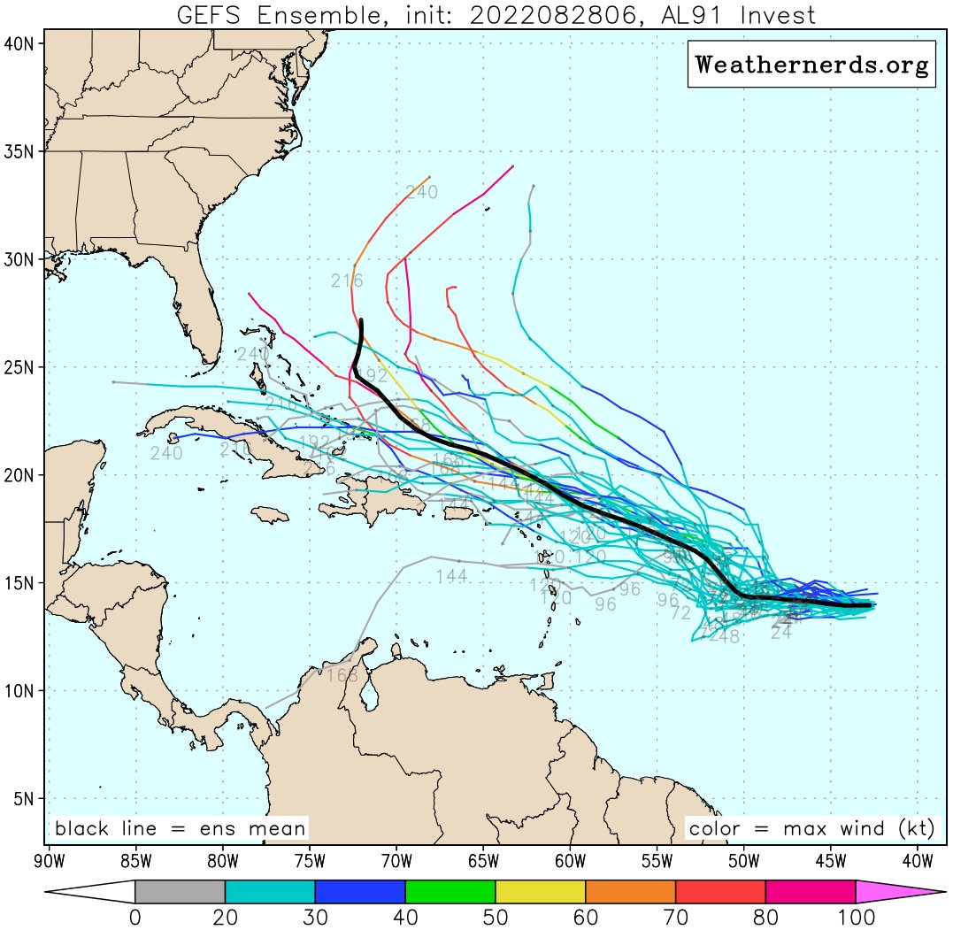 Encore beaucoup d'incertitudes pour la zone sous surveillance dans l'Atlantique tropical (#91L) qui devrait se développer ces prochains jours. Intensité et trajectoire restent à préciser. 