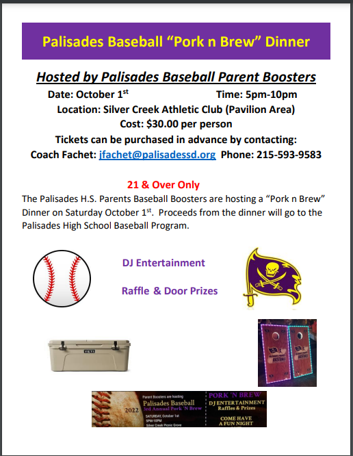 PHSBaseball2024's tweet photo. Baseball Parent Boosters are hosting the 2022 "Pork n Brew".   Details on the flyer.   Come support the Boys of Spring!!! https://t.co/8XZKyuaEFO