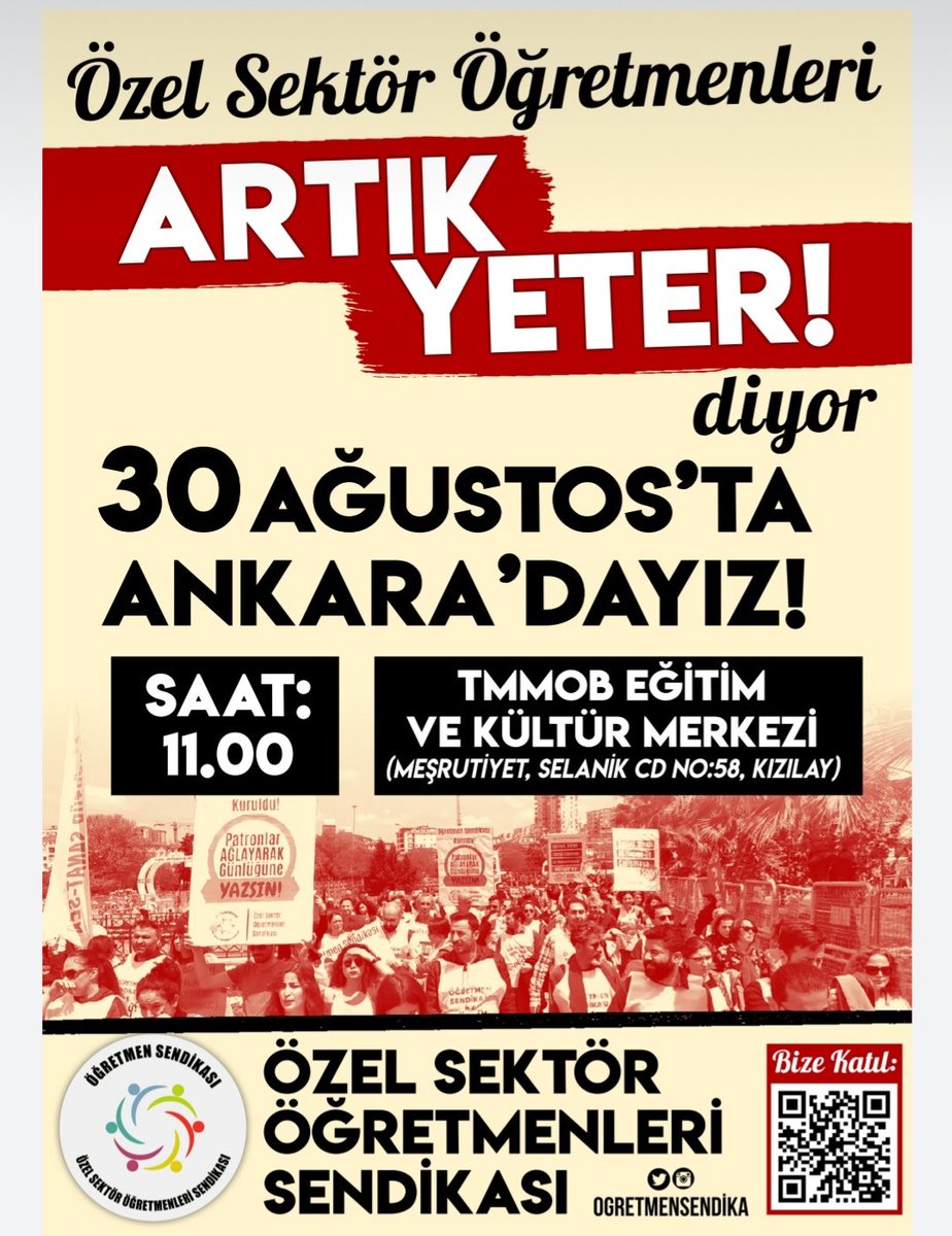 ogretmensendika's tweet photo. Başta taban maaş olmak üzere tüm özlük haklarımız için 30 Ağustos'ta Ankara'da buluşuyoruz. Öğretmenlerin sesini duymak zorundasınız. @tcmeb #ÖzelSektörÖğretmenleriAnkaraya seslerini duyurmaya geliyor! https://t.co/8JLNzcMY8Z
