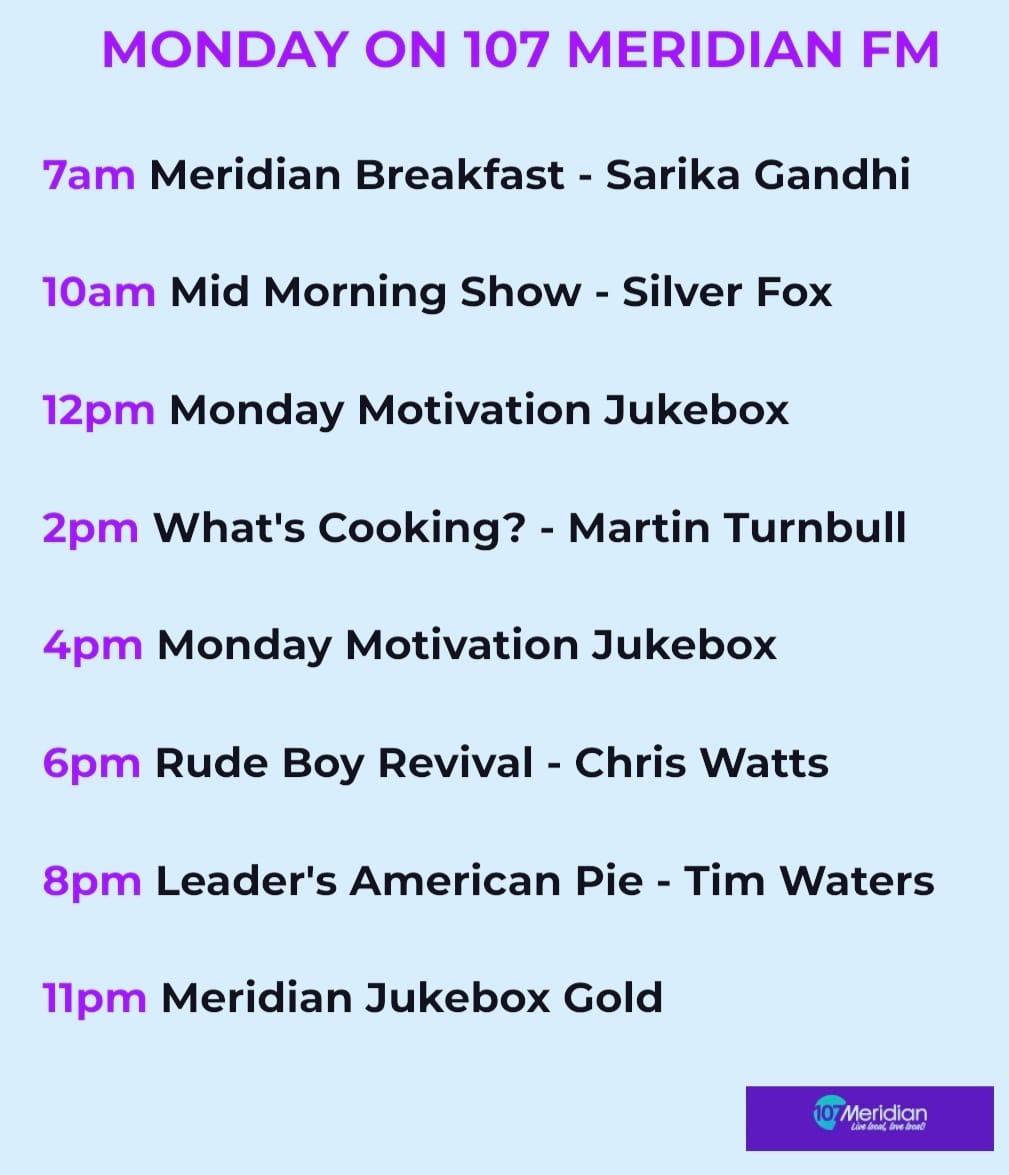 MeridianFM's tweet photo. ☀️ Here's what we have for you this Bank Holiday Monday on Meridian.
#107MFM #MakeItMeridian💜 #localradio https://t.co/RVxmUaqEFD