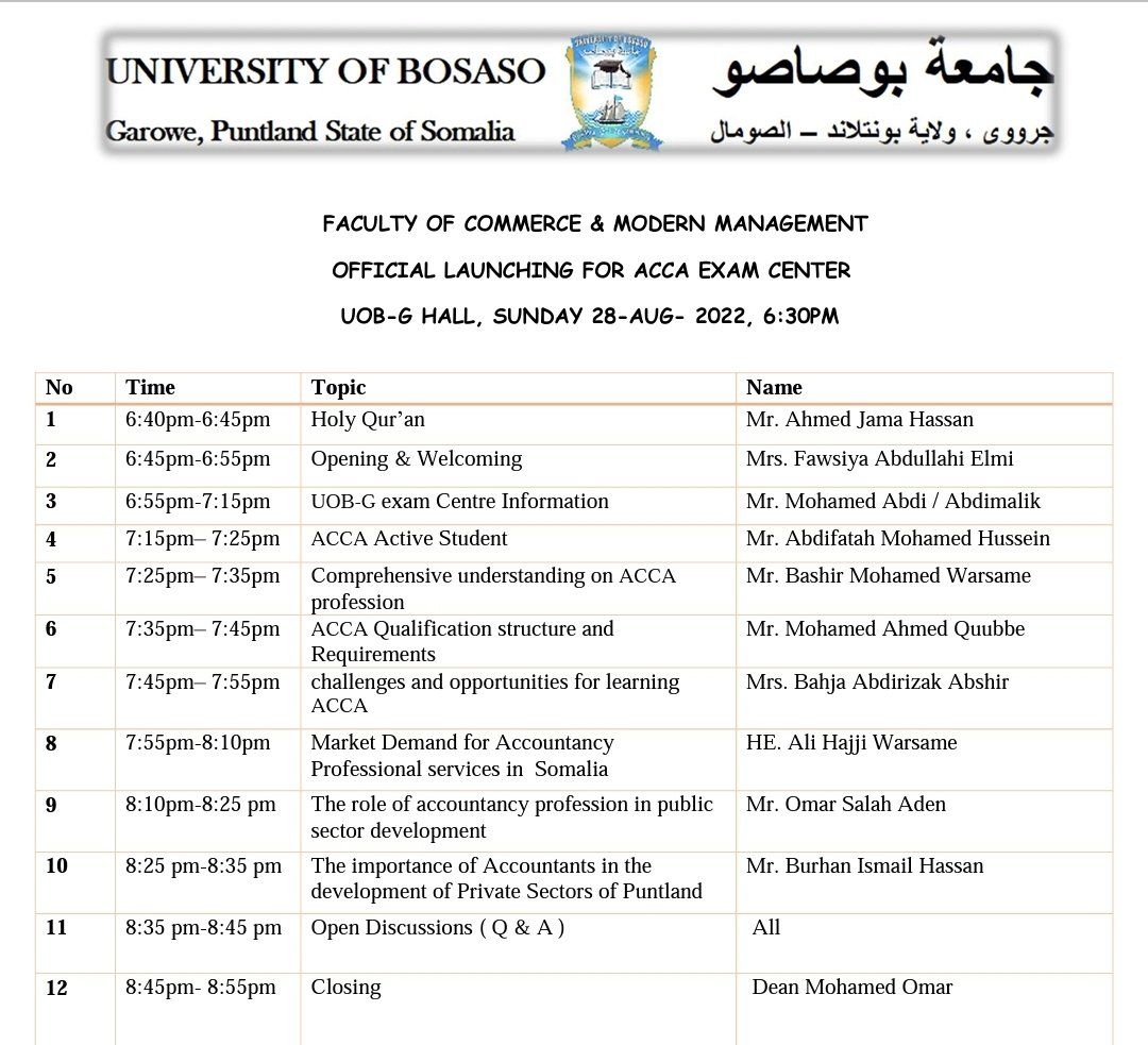 alihwarsame's tweet photo. Proudly attending tonight the official launch for #ACCA &amp; other professional qualifications exam centre @ #University of #Bosaso.
@BurhanIsmael @bashka1989
@bahjaabdirizzak https://t.co/a0HWHY5X35