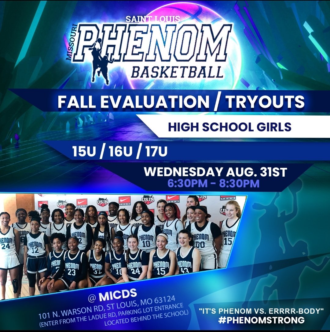 MissouriPhenom's tweet image. PHENOM STL High School Girls FALL Tryouts/Evaluations happening this coming Wednesday from 630-830pm @MICDS! #TrainingIsKey #PhenomStrong  @TravisWallace6 @LarrySs40 @truck0820 @Dmmantz @CoachMoe314 @Ball_like_straw @CoachSantanaSTL @MoTreSantana @streetgeekzstl @CoachStefSTL