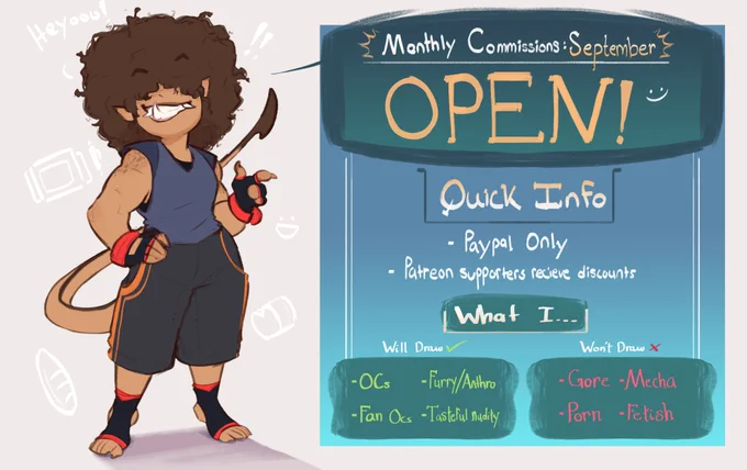 A new month is rolling around and as such, Commissions are once again OPEN! Art menu and how to order below! :D 