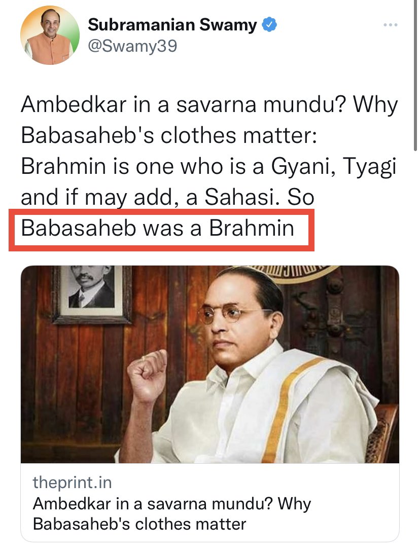 बाबा साहब एक मेहनतकश योद्धा अनुसूचित जाति में पैदा हुए। उन्होंने पूरी मानवता के लिए काम किया। उनकी दृष्टि बहुत उदार थी। उन्हें जाति में नहीं बांधा जा सकता। उन्हें ब्राह्मण जाति का बताना बाबा साहब का अपमान है। सुब्रह्मण्यन स्वामी माफ़ी माँगे। <a href="/Swamy39/">Subramanian Swamy</a> #माफी_मांगो_स्वामी