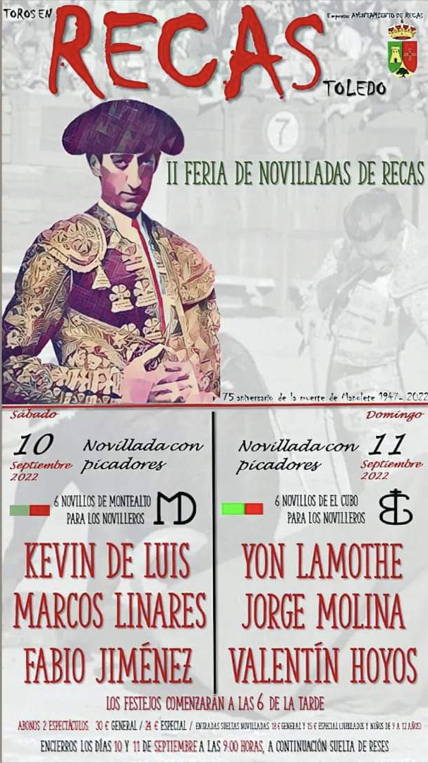 gespectatoledo's tweet photo. Esta mañana se presentaron en Recas (TOLEDO) los carteles de sus festejos taurinos, consistentes en dos Novilladas picadas que se celebrarán el Sábado 10 y Domingo 11 de Septiembre. Suerte para todos !! @Montealto_UNJ @cultorocom @aplausos @Mundotorocom @BurladerotvR https://t.co/QvD0Eu2s6M