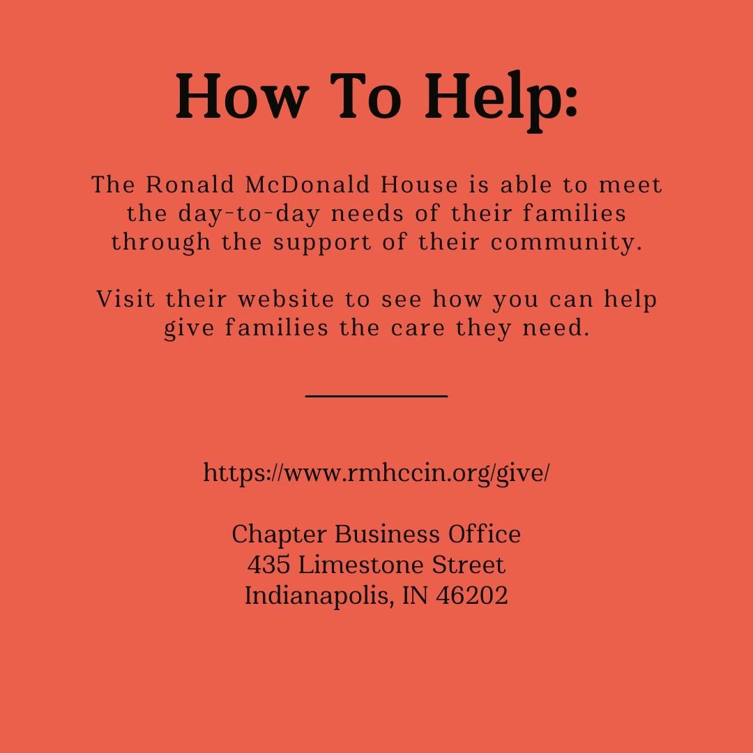 FishersSIA's tweet photo. Today's Service Spotlight goes to: 
The Ronald McDonald House Charities of Central Indiana! They provide care and support for families whose children are receiving care at local hospitals, free of charge. Check out their Twitter page, @RMHCCIN to see how you can help their cause! https://t.co/IEPB4svWGW