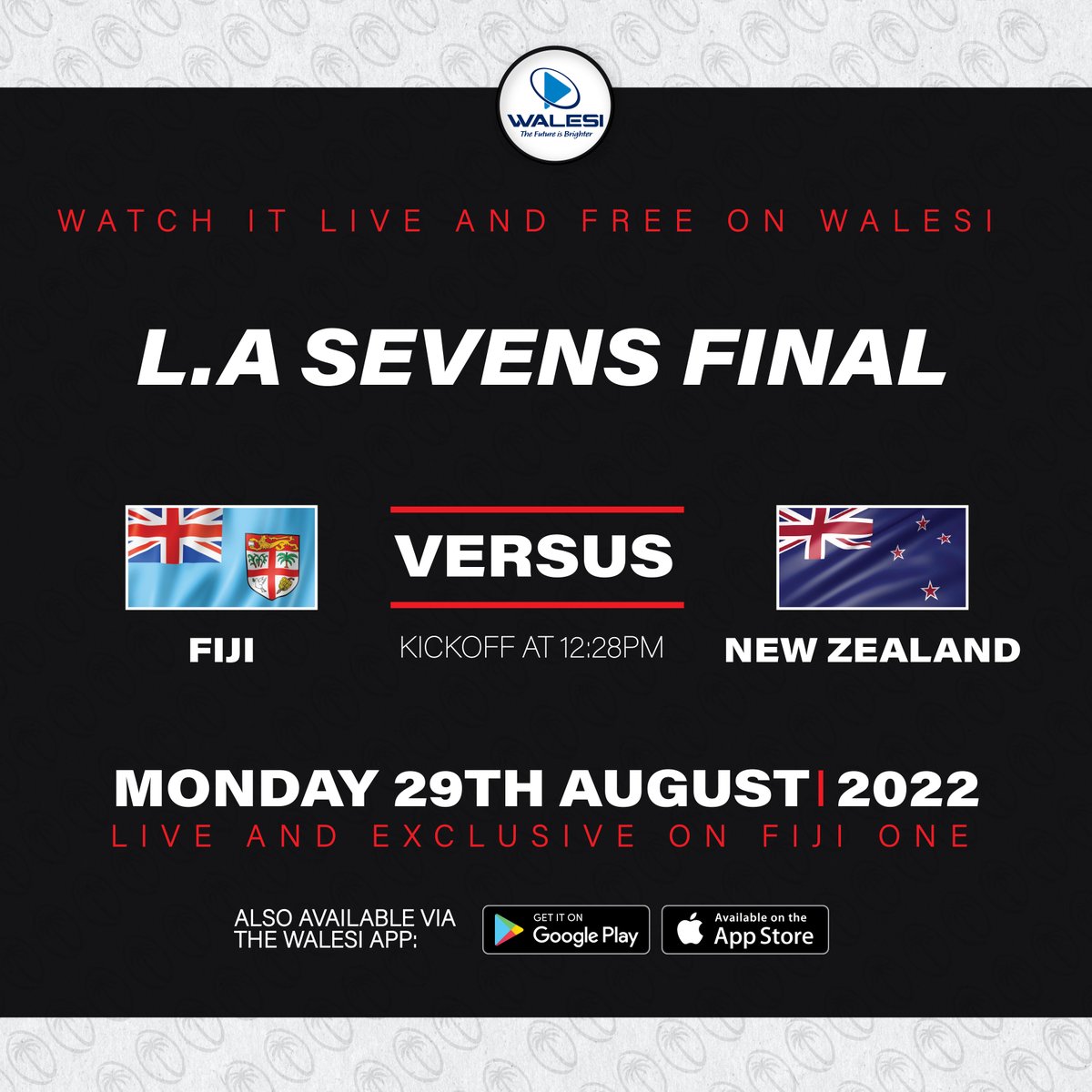 WalesiF's tweet photo. L.A. SEVEN'S FINAL LIVE ON #WALESI PLATFORM 🏆💥

The old rivalry will be re-ignited as #TeamFiji takes on New Zealand in the Final match of the Series, today. 

Fiji has a chance to win the Series, making it a tremendously competitive competition. https://t.co/59uRjoc58T