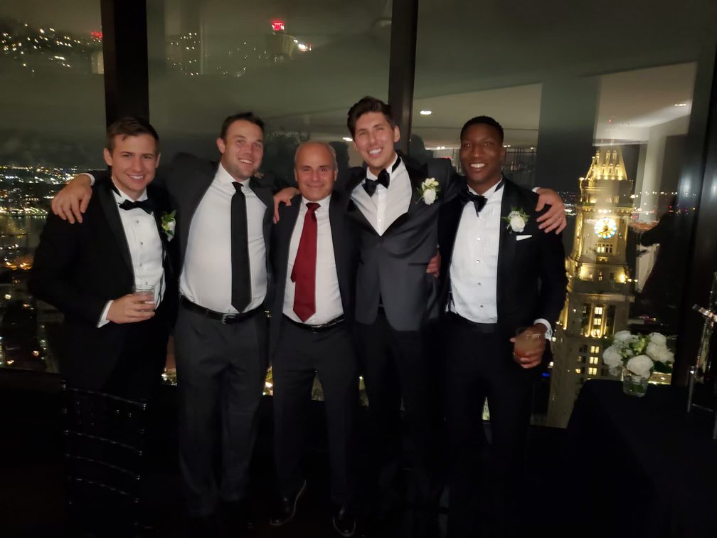 AmmoCJ's tweet photo. What a great night@ Gabbie’s and ⁦@jasoncotts⁩  wedding last night in Boston…pleasure catching up with ⁦@SHUHockey⁩ alums ⁦@JordanMinello⁩ and ⁦⁦@JohnstoneMarc⁩ . ⁦@mcdougalls2⁩ was there having fun too. Missed ⁦@SpikeL22⁩ #shuhockeyfamily https://t.co/mjBT1GyDO4