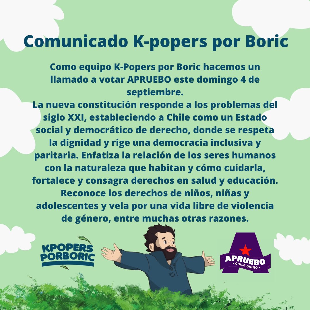 KpopersporBoric's tweet photo. Comunicado K-popers por el #APRUEBO

#Apruebo4deSeptiembre 
#KPopersxApruebo https://t.co/3k88OtMj1B