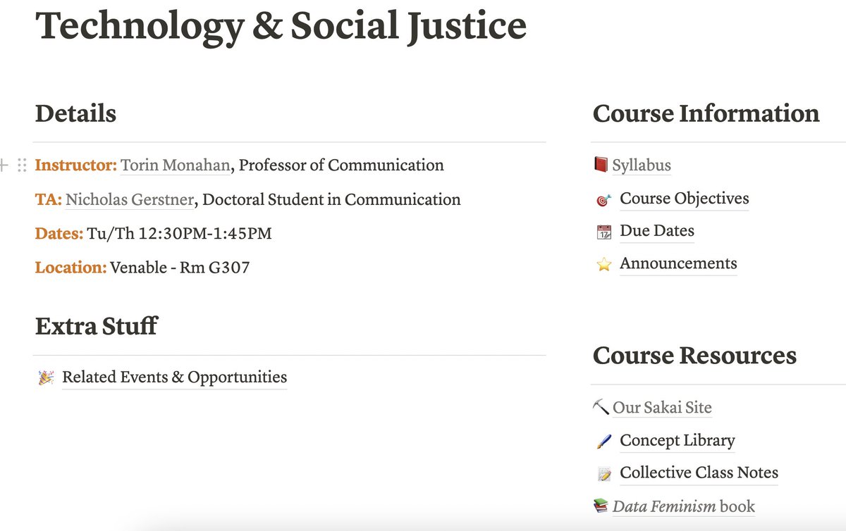 TorinMonahan's tweet photo. This semester, I’m lucky to be teaching new course on “TECHNOLOGY &amp; SOCIAL JUSTICE.” Topics include robotic bias, predictive policing, disability design, gig economy labor, health tech, data justice, &amp; more. Syllabus: https://t.co/zXCONMIyWw. https://t.co/58vmlg5jSE