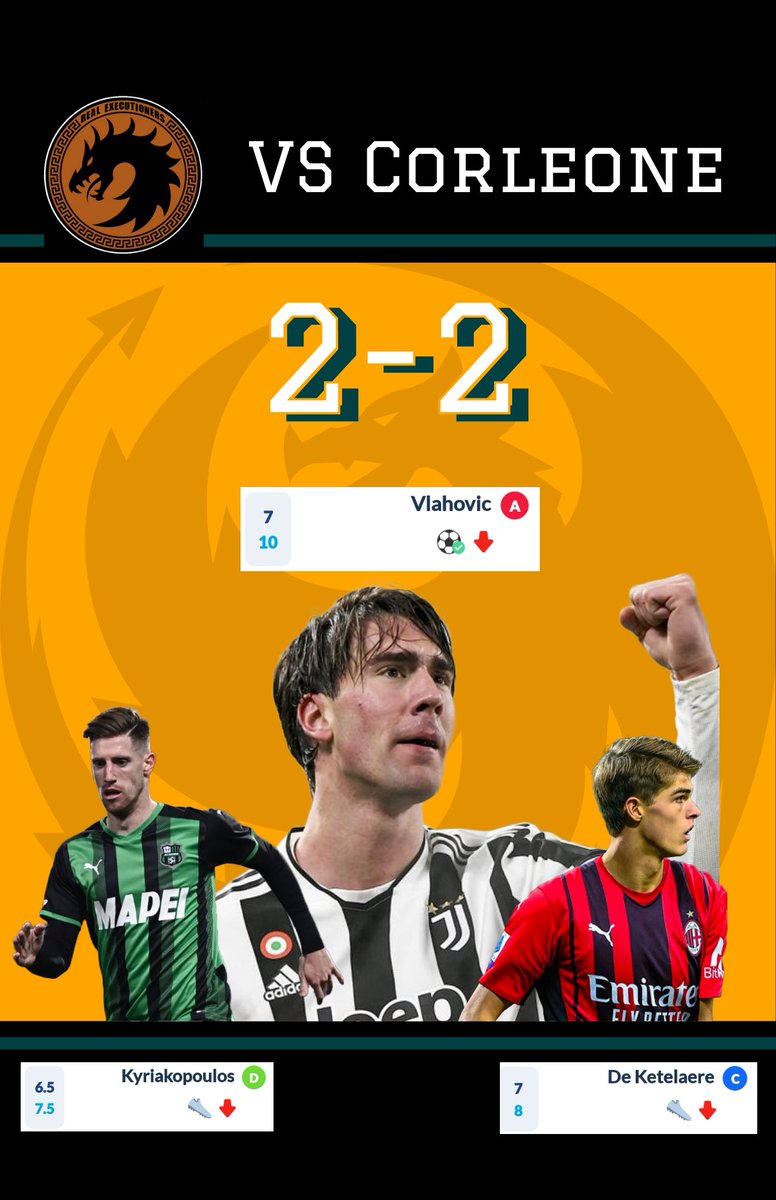 Manveru77's tweet photo. Thus ends the first game of the championship.
(MVPs in the image).
#RealExe #FinoAllaFine #Vlahovic #DeKetelaere #Kyriakopoulos https://t.co/pX7ftWmy4z