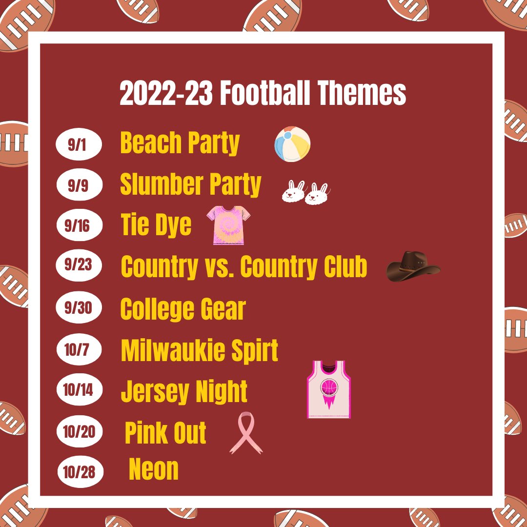 Wondering what our themes are for football season? Well look no further! Here is the theme schedule for the 2022-23 season. We hope to see you out there!