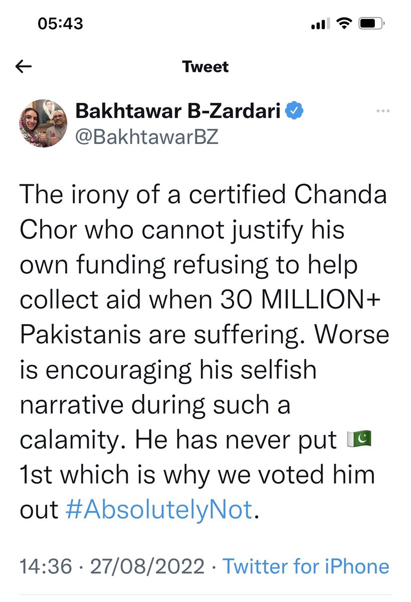 NisaePakistan's tweet photo. #certifiedchor is she talking about #abbazardari who even stole #bhutto’s name for kids? manipulated will of her mum? #absolutelyyes. #bringonelection the results will be like #na245 #overseaspakistanis rejected bilawal on his foreign funded tours on public money. #corruptpdm https://t.co/JO07ibyJby