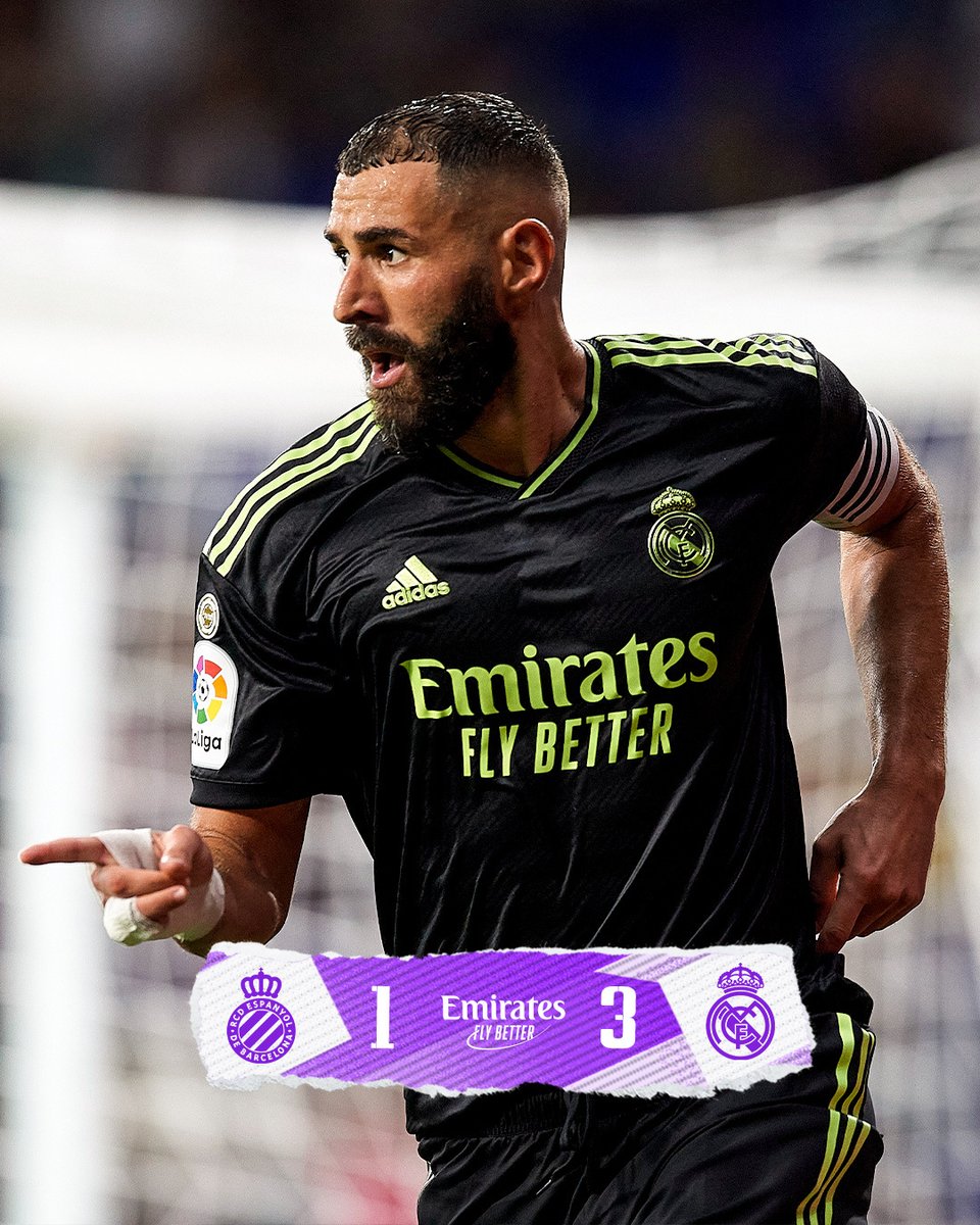 realmadrid's tweet photo. 🏁 FP: @RCDEspanyol 1-3 @realmadrid
⚽ Joselu 42'; @vinijr 12', @Benzema 87', 90+9.
#Emirates | #EspanyolRealMadrid https://t.co/zcpGyuP79K