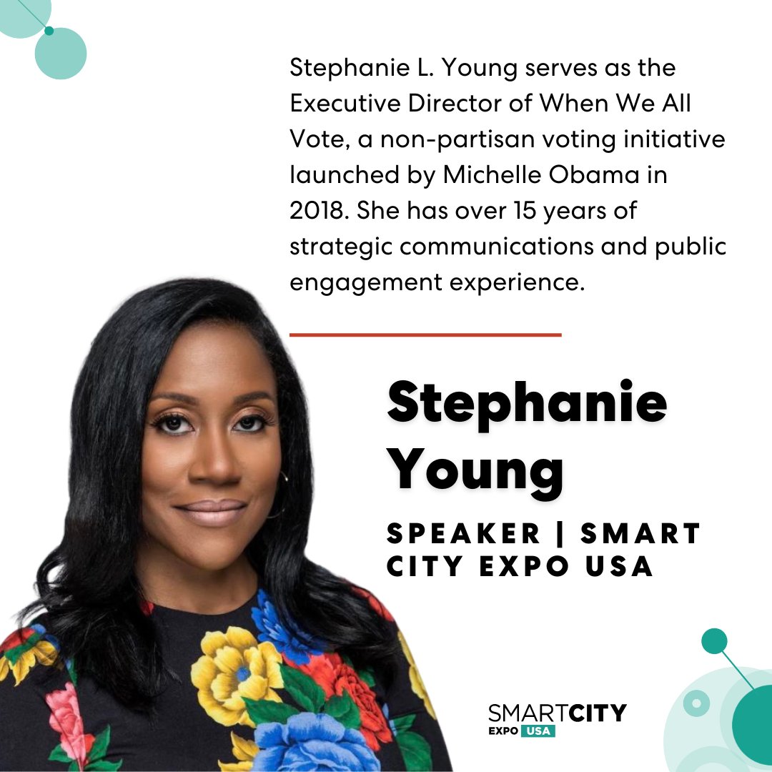 We're excited to have <a href="/StephLYoung/">Stephanie Young</a> from <a href="/WhenWeAllVote/">When We All Vote</a> speak at #SCEUSA in September‼️

Stephanie will be on our panel ➡️ Data and our Democracy: Access to the Ballot 

Join us as we host the country's leading event for cities.🚀

Register to attend: l8r.it/sX3o