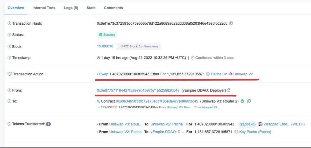 <a href="/Thorshammergems/">This account is no longer active.</a> $PACHA

<a href="/vEmpireDDAO/">vEmpire DDAO is now @VEMPStudios</a> has now bought in publicly on the down low. What do they know? Something’s up. 

Dev: <a href="/mancoshi_return/">Mancoshi</a> 

TG: t.me/pachacommunity

DEXT: dextools.io/app/ether/pair…

<a href="/vEmpireDDAO/">vEmpire DDAO is now @VEMPStudios</a> deployer tx 👇