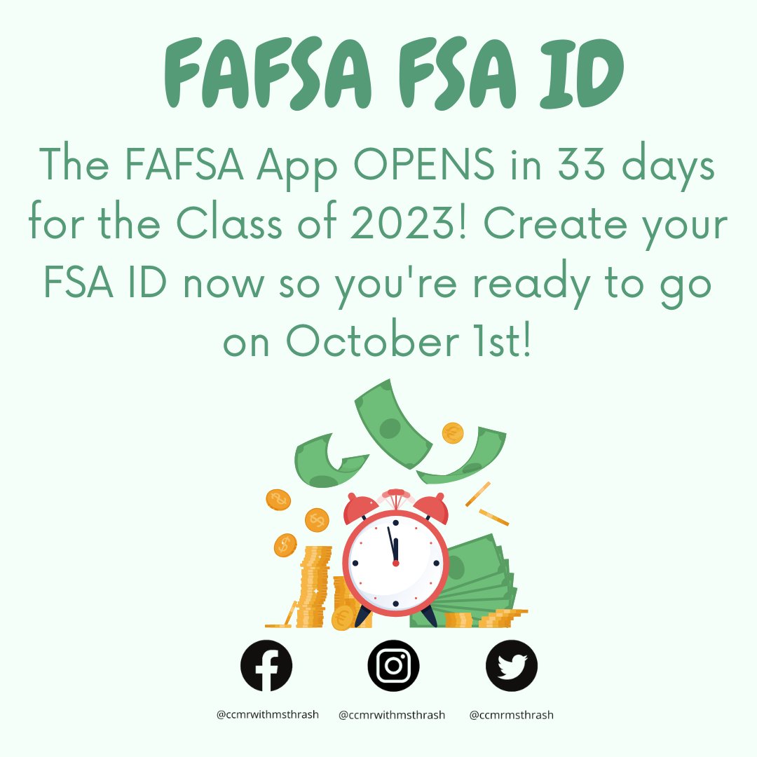 ccmrmsthrash's tweet photo. Mark 2️⃣ things off of your to-do list NOW: 
✅ Create your FSA ID 
✅ Gather the necessary paperwork 

You can find the specifics here: 💻 https://t.co/3a8vJoQFjQ

#smt1979ccmr #collegeandcareercounselor #collegeandcareercounseling #highschoolcounselor #FAFSA #fsaid #money #ccmr https://t.co/hNHxKPiX62