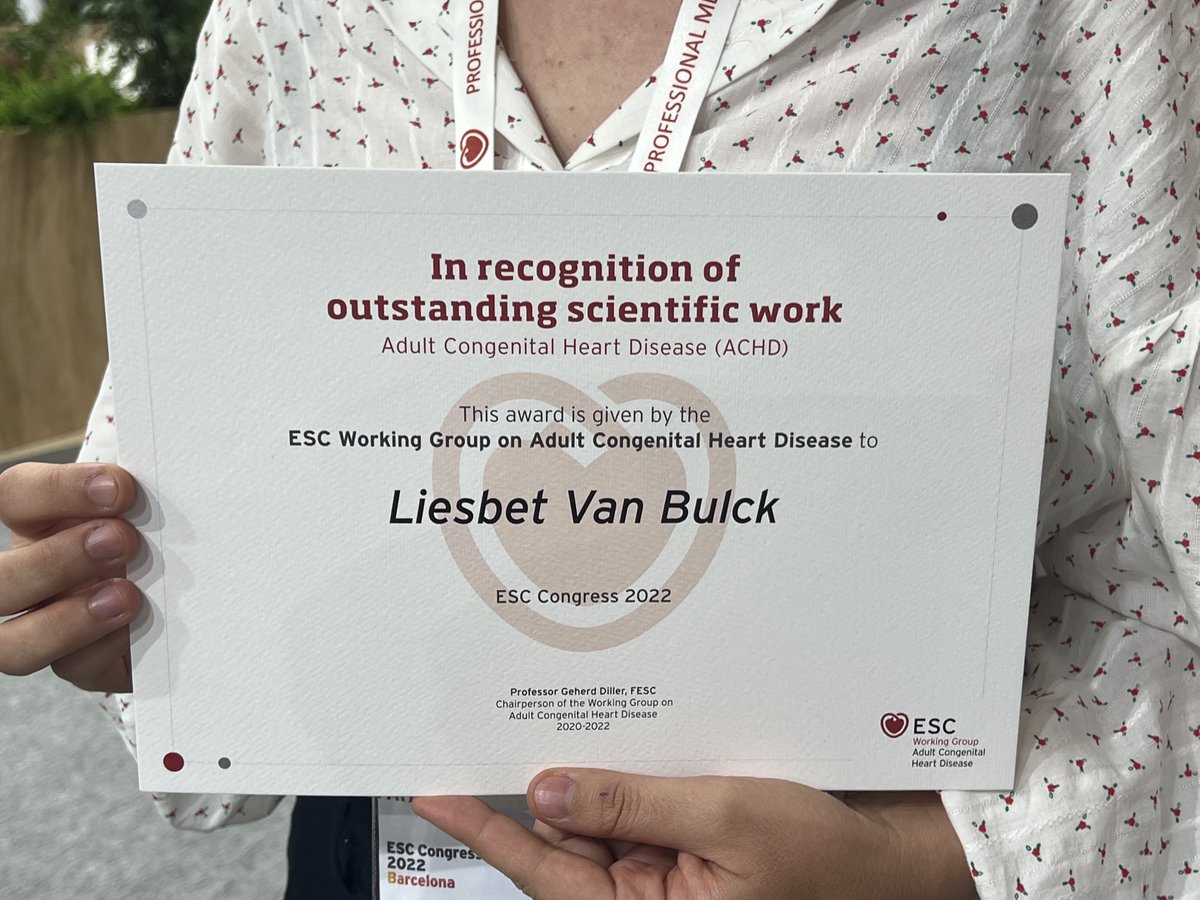 Philip Moons (@moonsphilip) on Twitter photo Today, <a href="/BulckLiesbet/">Liesbet Van Bulck</a> received the award for best abstract from the #ESC Working Group on Adult Congenital Heart Disease, on end of life/palliative care in congenital heart disease
Full paper is simultaneously published in European Heart Journal
doi.org/10.1093/eurhea… Today, <a href="/BulckLiesbet/">Liesbet Van Bulck</a> received the award for best abstract from the #ESC Working Group on Adult Congenital Heart Disease, on end of life/palliative care in congenital heart disease
Full paper is simultaneously published in European Heart Journal
doi.org/10.1093/eurhea…