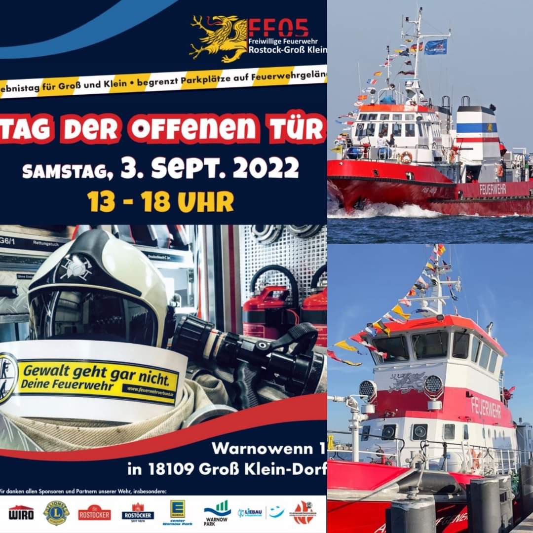 ff_gro's tweet photo. 🚒 28.08.2022 🚒
Tag der offenen Tür am 03.09.22!
Noch 6 Tage ‼️
Das Feuerlöschboot „#AlbertWegener“ der #BerufsfeuerwehrRostock sowie das
#Traditionsfeuerlöschboot (#FLB40-3) haben beide ihren Liegenplatz. In kleinen Gruppen heißt es von 13:00 Uhr bis 18:00 Uhr #OpenShip. https://t.co/dPzB0VgKC3