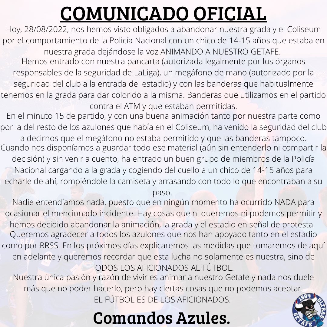 UltrasGetafe's tweet photo. 📢 COMUNICADO OFICIAL 📢

Ante los hechos ocurridos en el Coliseum en el partido contra el Villarreal, queremos dar nuestra versión de los mismos y explicar nuestra decisión de abandonar el estadio.

¡Gracias por el apoyo de todos los azulones!

EL GETAFE ES NUESTRA VIDA. https://t.co/osx38kzcty