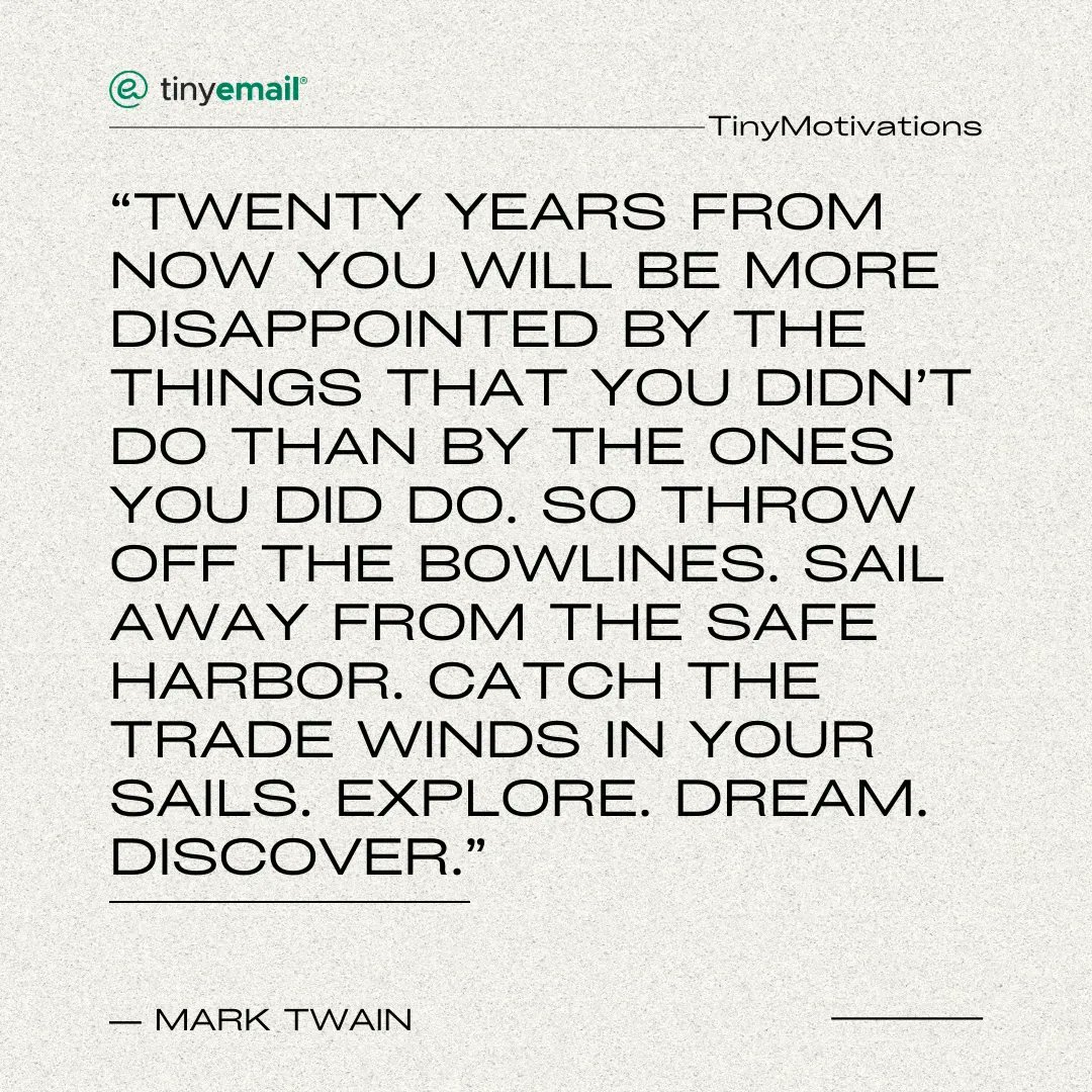 GetTinyEmail's tweet photo. #TinyMotivations Twenty years down the line, your future self will thank you for the risks taken in pursuit of your dreams.

#hustle #growthmindset #smallbusiness #growthmarketing #ecommercemarketing #ecommercegrowth #shopify #shopifyowner #startup #Motivation #MotivationalQuotes https://t.co/0u4mwGinvN