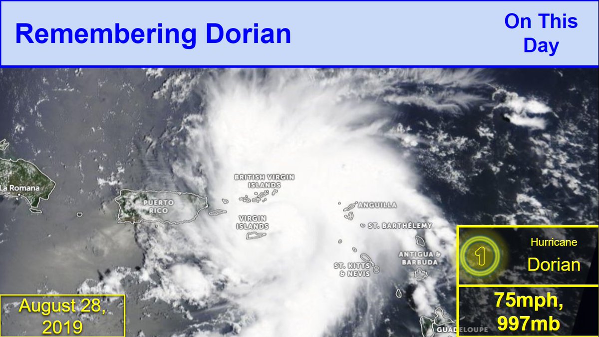 CycloneOTD's tweet photo. Remembering Dorian
On this day, 3 years ago, #Dorian intensified into the first #hurricane of the year, with winds of 75mph and a minimum central pressure of 997mb. At the time, the National Hurricane Center predicting a Major Hurricane Landfall over #Florida/
#Dorian3 https://t.co/O4WvVTPu4M
