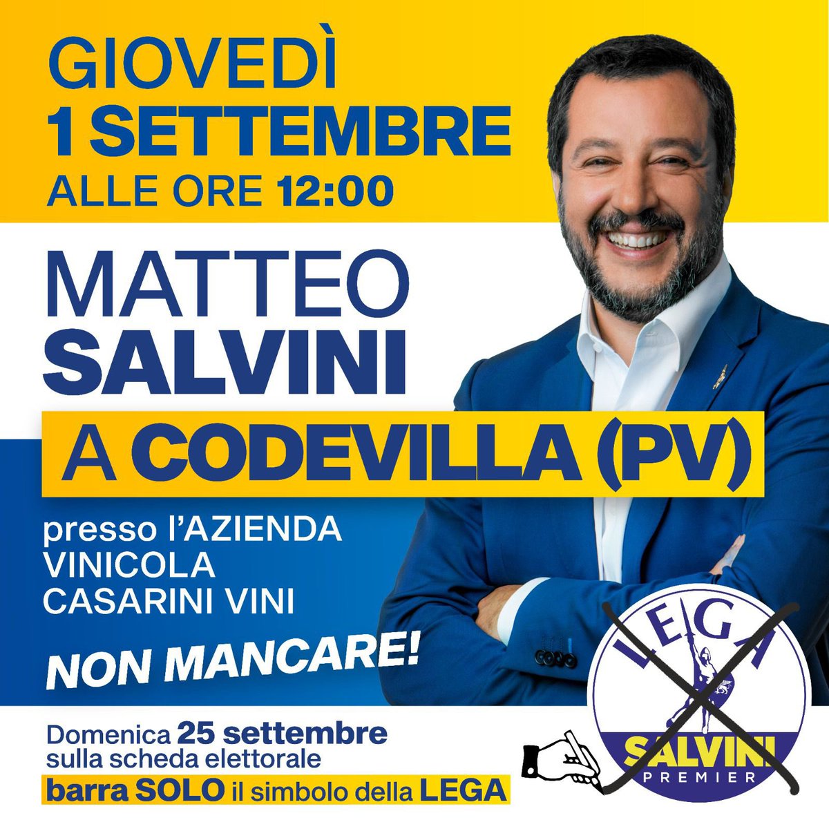 ElenaLucchini's tweet photo. 🔴🔴🔴 MATTEO #SALVINI TORNA IN #OLTREPÒ PAVESE ⛰
Pranzo con @matteosalvinimi Salvini a #Codevilla presso Casarinivini. Impossibile mancare! 😉
#Credo
#25settembrevotoLega
#provinciadiPavia
#OltrepòPavese https://t.co/2qzSxXEOdD