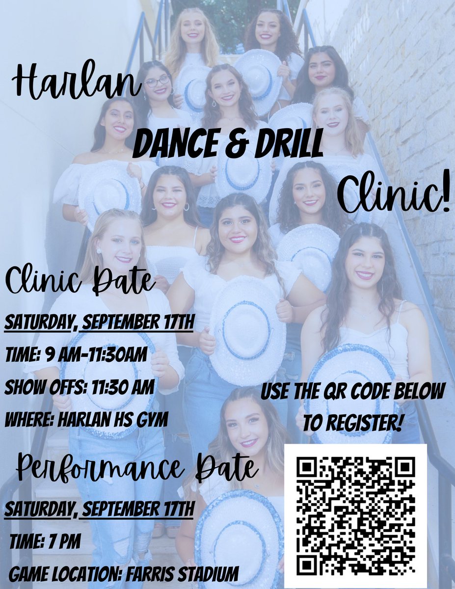 Don’t miss out on our annual Harlan Dance and Drill Clinic! Registration Link in bio! <a href="/NISDHarlan/">Harlan High School</a> <a href="/HarlanDrillTeam/">Star Steppers Drill Team</a> <a href="/Harlan_Pep/">Blue Talons Pep Squad</a> <a href="/StrausDance/">Straus Maverick Dance</a> <a href="/NISDBernal/">Dr. Joe J. Bernal Middle School</a>