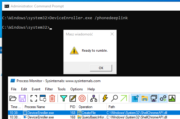 0gtweet's tweet photo. Yet another DLL sideloading: ShellChromeAPI.dll does not exist, but built-in DeviceEnroller.exe tries to load it when /PhoneDeepLink parameter is present. If you drop your own DLL, it nicely loads. https://t.co/Wb51o3QRuk